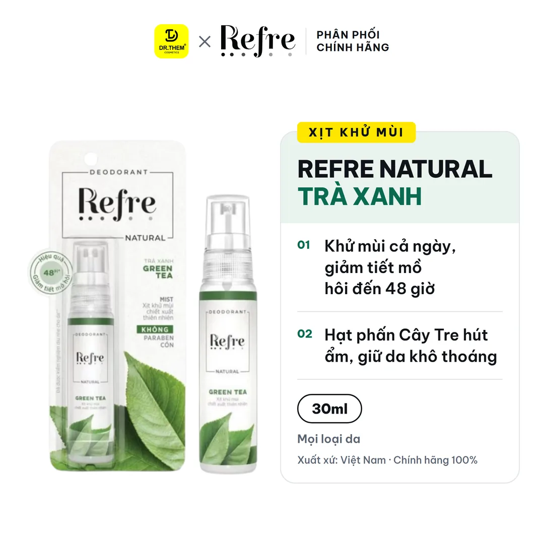 Xịt Khử Mùi Refre Natural Chiết Xuất Thiên Nhiên Khử Mùi Giảm Tiết Mồ Hôi 48H Không Cồn Không Paraben 30ml - Hương trà xanh