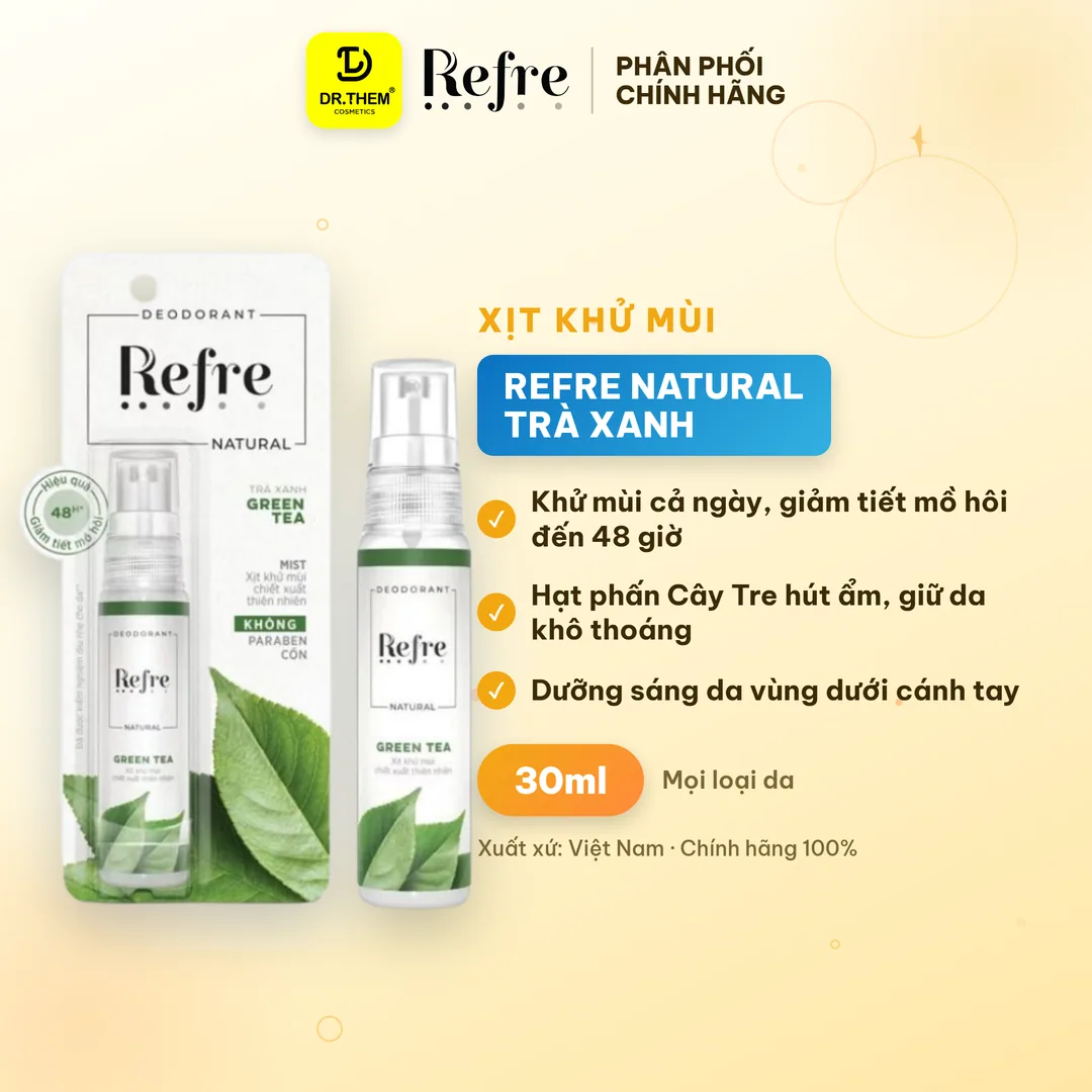 Xịt Khử Mùi Refre Natural Chiết Xuất Thiên Nhiên Khử Mùi Giảm Tiết Mồ Hôi 48H Không Cồn Không Paraben 30ml