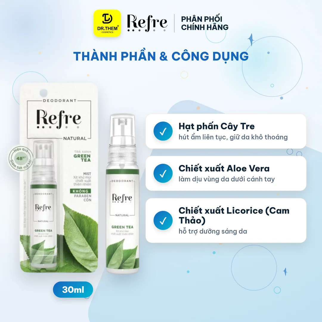 Xịt Khử Mùi Refre Natural Chiết Xuất Thiên Nhiên Khử Mùi Giảm Tiết Mồ Hôi 48H Không Cồn Không Paraben 30ml 2
