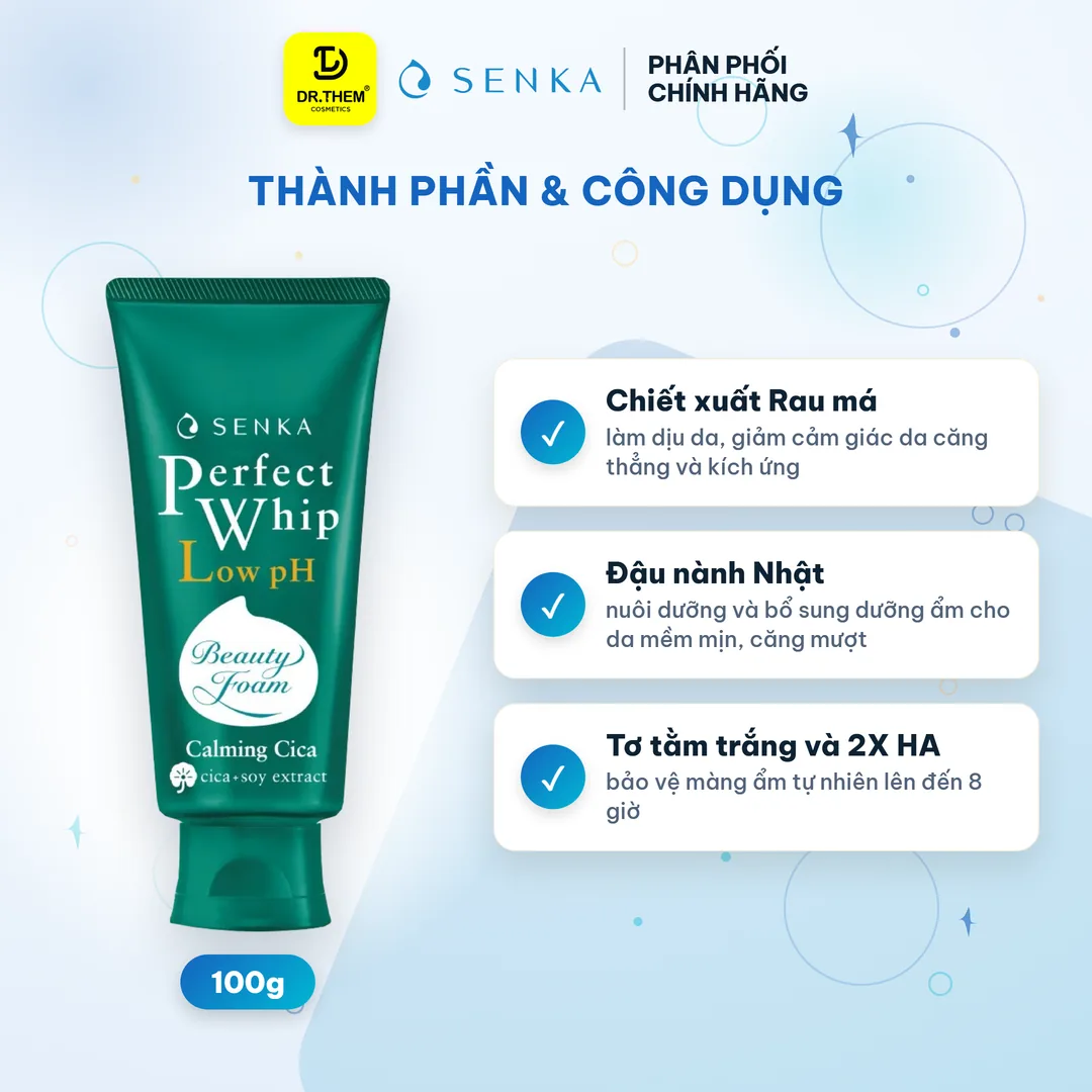 Sữa Rửa Mặt Senka Perfect Whip Low pH Calming Cica Chiết Xuất Rau Má Dịu Nhẹ 100g 2