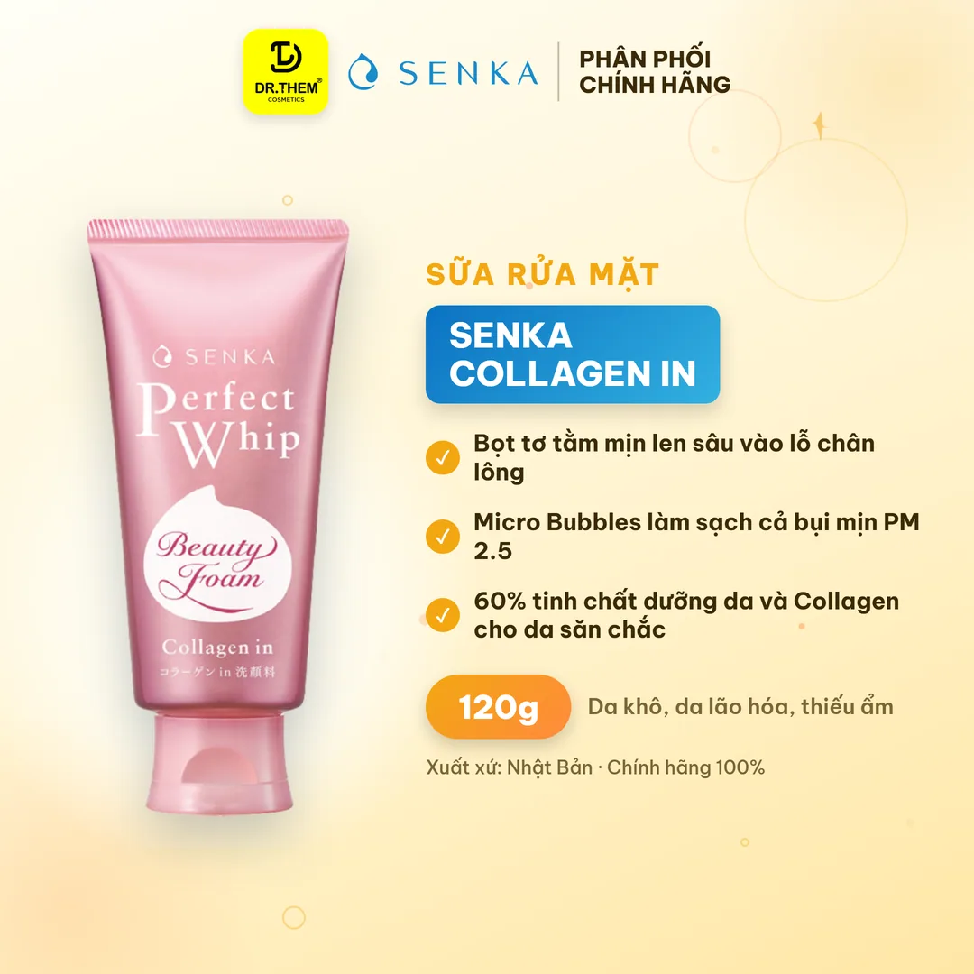 Sữa Rửa Mặt Senka Perfect Whip Collagen In Tạo Bọt Bổ Sung Collagen 120g