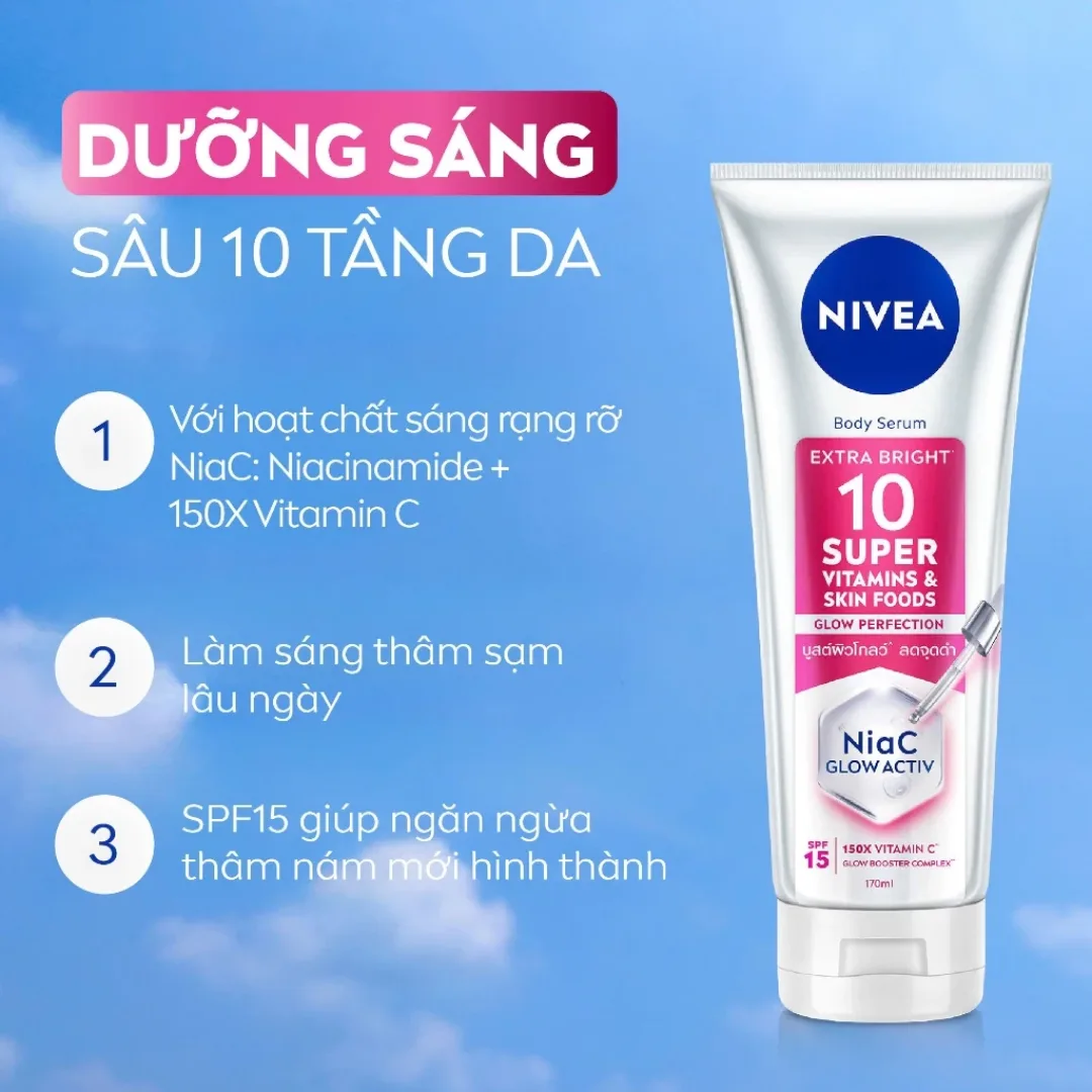 Serum Dưỡng Thể Nivea 10 Super Vitamins & Skin Foods Dưỡng Sáng Da Hỗ Trợ Mờ Thâm SPF15 Cho Mọi Loại Da 170ml 300ml 3