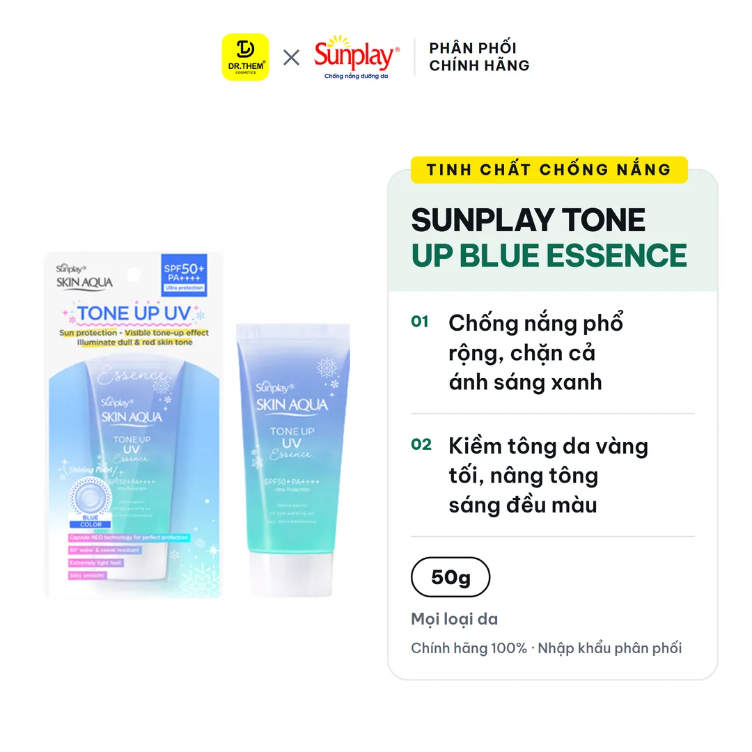 Tinh Chất Chống Nắng Sunplay Skin Aqua Tone Up UV Essence Blue Nâng Tông Kiềm Sắc Đỏ Dưỡng Ẩm 12H 50g