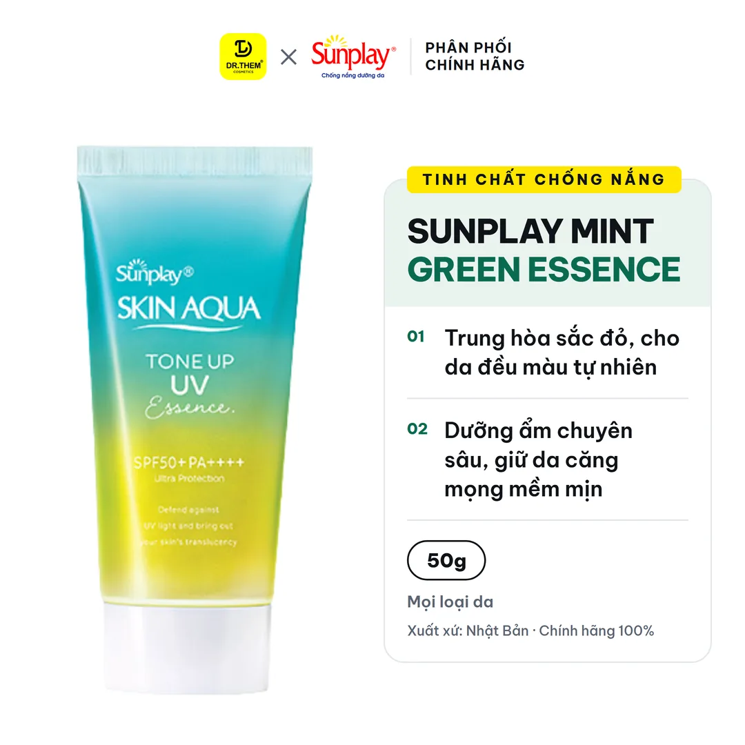 Tinh Chất Chống Nắng Sunplay Skin Aqua Tone Up UV Essence Mint Green SPF50+ PA++++ Trung Hòa Sắc Đỏ 50g