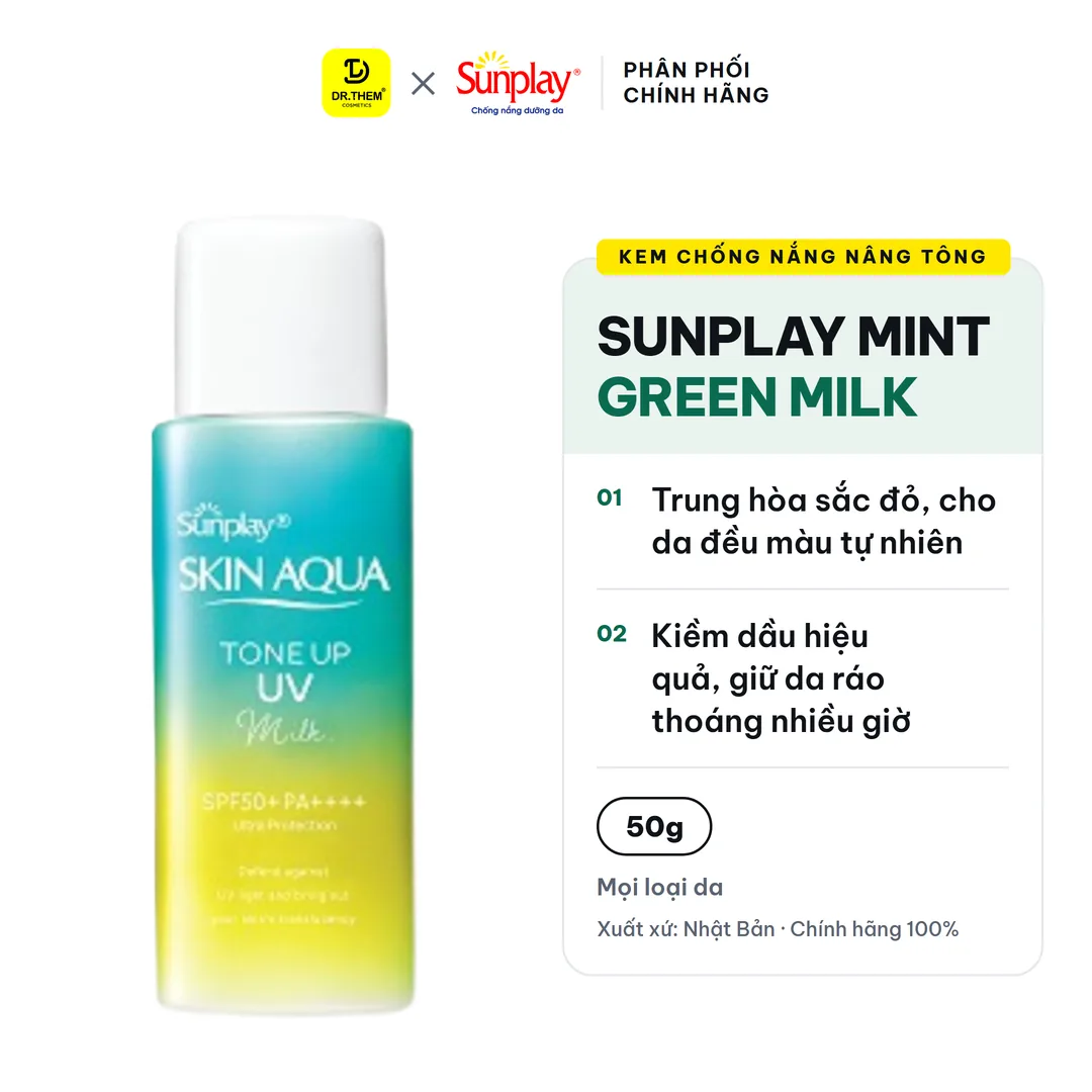 Kem Chống Nắng Sunplay Skin Aqua Tone Up UV Milk Mint Green SPF50+ PA++++ Trung Hòa Sắc Đỏ Kiềm Dầu 50g