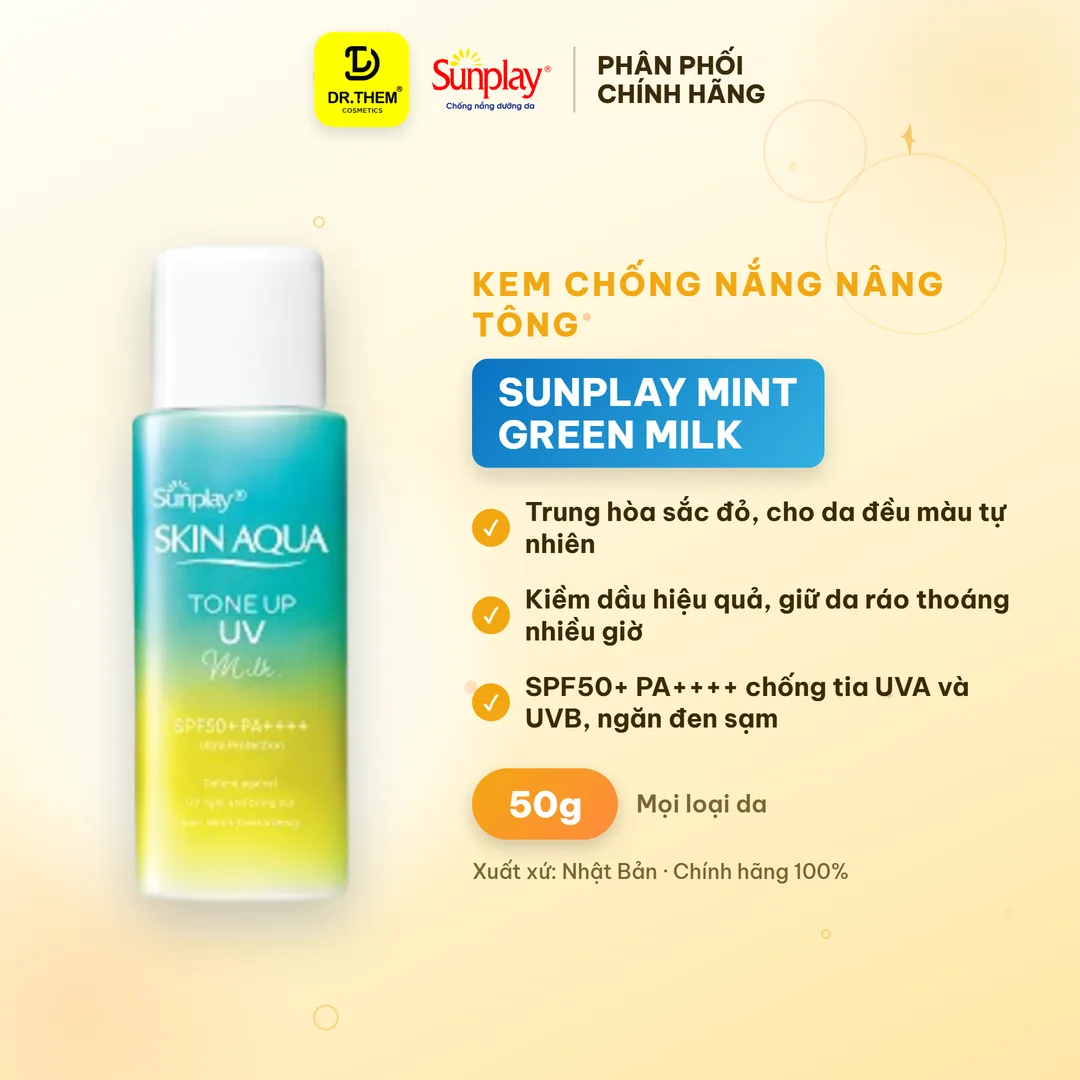 Kem Chống Nắng Sunplay Skin Aqua Tone Up UV Milk Mint Green SPF50+ PA++++ Trung Hòa Sắc Đỏ Kiềm Dầu 50g