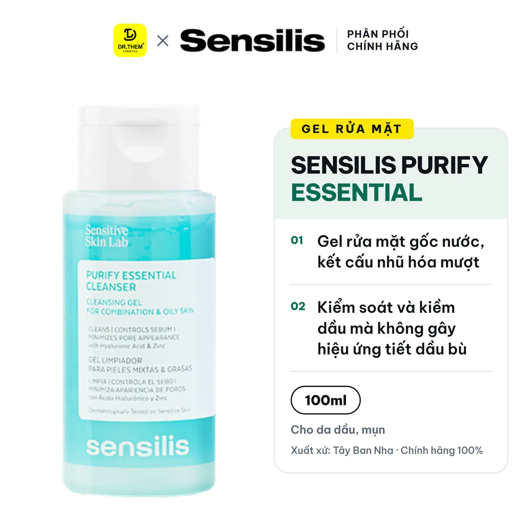 Gel Rửa Mặt Sensilis Purify Essential Cleanser Làm Sạch Sâu Kiểm Soát Nhờn Cho Da Dầu Mụn 100ml