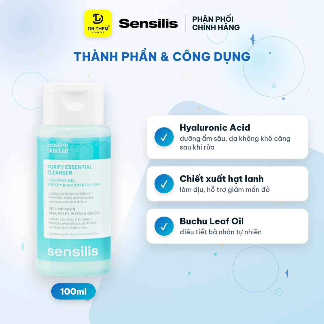 Gel Rửa Mặt Sensilis Purify Essential Cleanser Làm Sạch Sâu Kiểm Soát Nhờn Cho Da Dầu Mụn 100ml 2