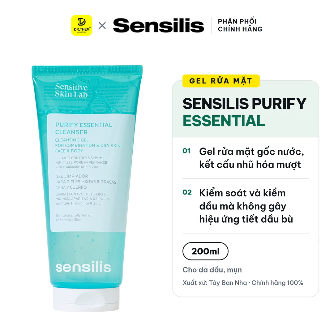 Gel Rửa Mặt Sensilis Purify Essential Cleanser Làm Sạch Sâu Kiểm Soát Nhờn Cho Da Dầu Mụn 200ml