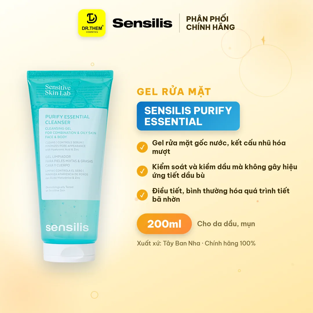 Gel Rửa Mặt Sensilis Purify Essential Cleanser Làm Sạch Sâu Kiểm Soát Nhờn Cho Da Dầu Mụn 200ml