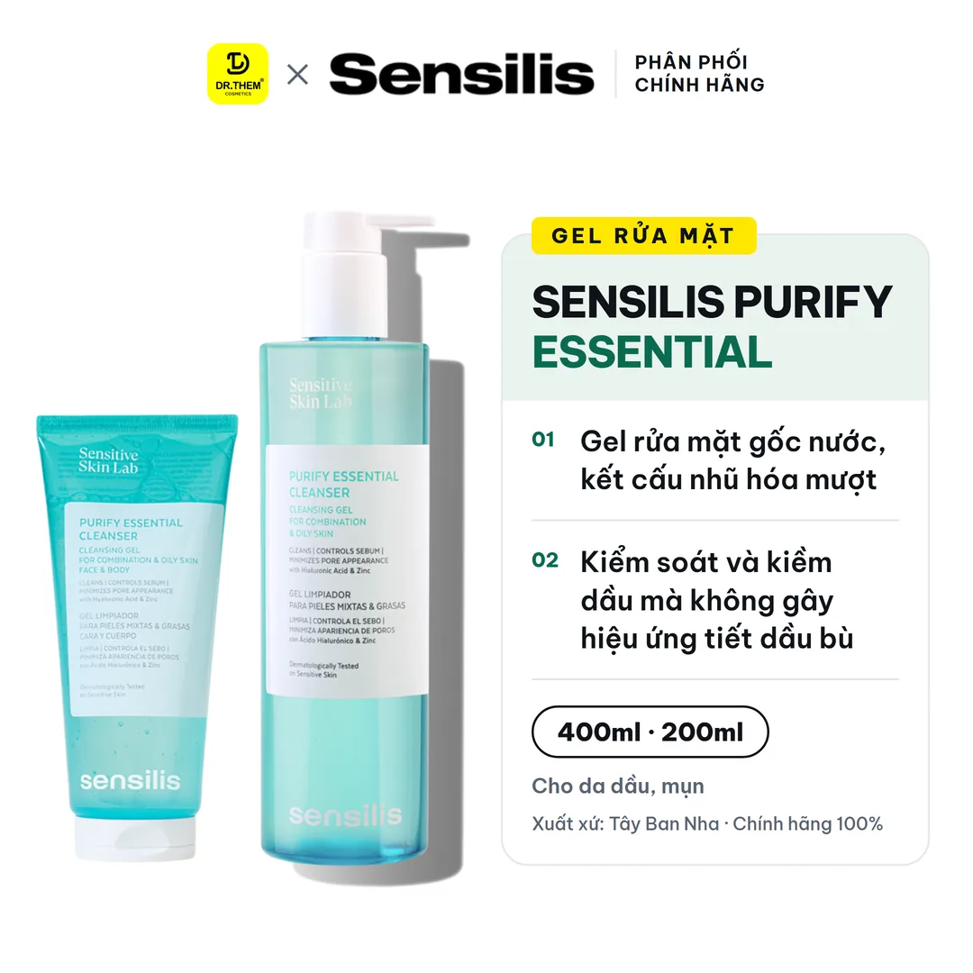 Gel Rửa Mặt Sensilis Purify Essential Cleanser Làm Sạch Sâu Kiểm Soát Nhờn Cho Da Dầu Mụn 100ml 200ml 400ml