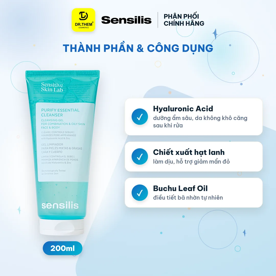 Gel Rửa Mặt Sensilis Purify Essential Cleanser Làm Sạch Sâu Kiểm Soát Nhờn Cho Da Dầu Mụn 200ml 2