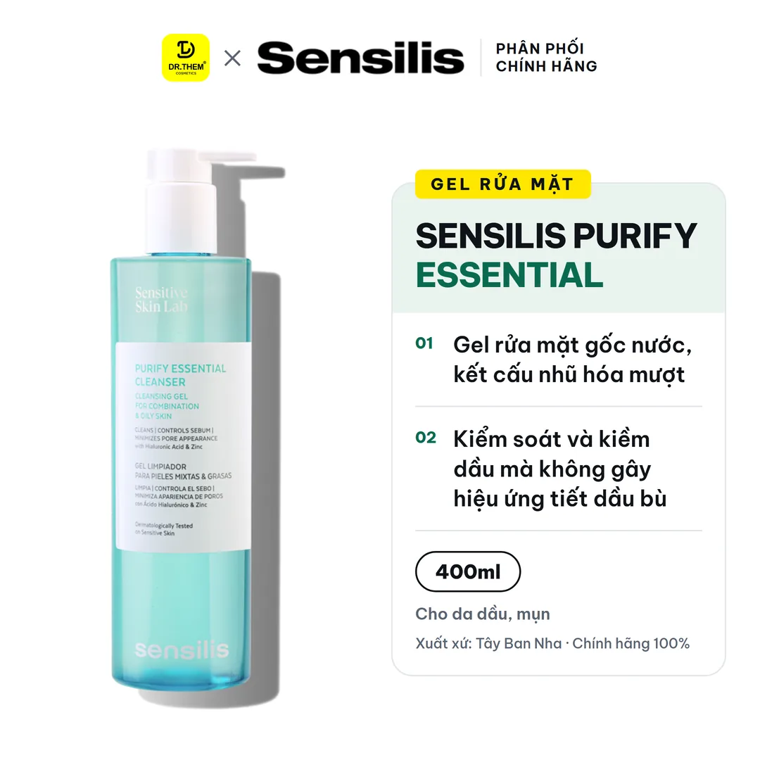 Gel Rửa Mặt Sensilis Purify Essential Cleanser Làm Sạch Sâu Kiểm Soát Nhờn Cho Da Dầu Mụn 400ml