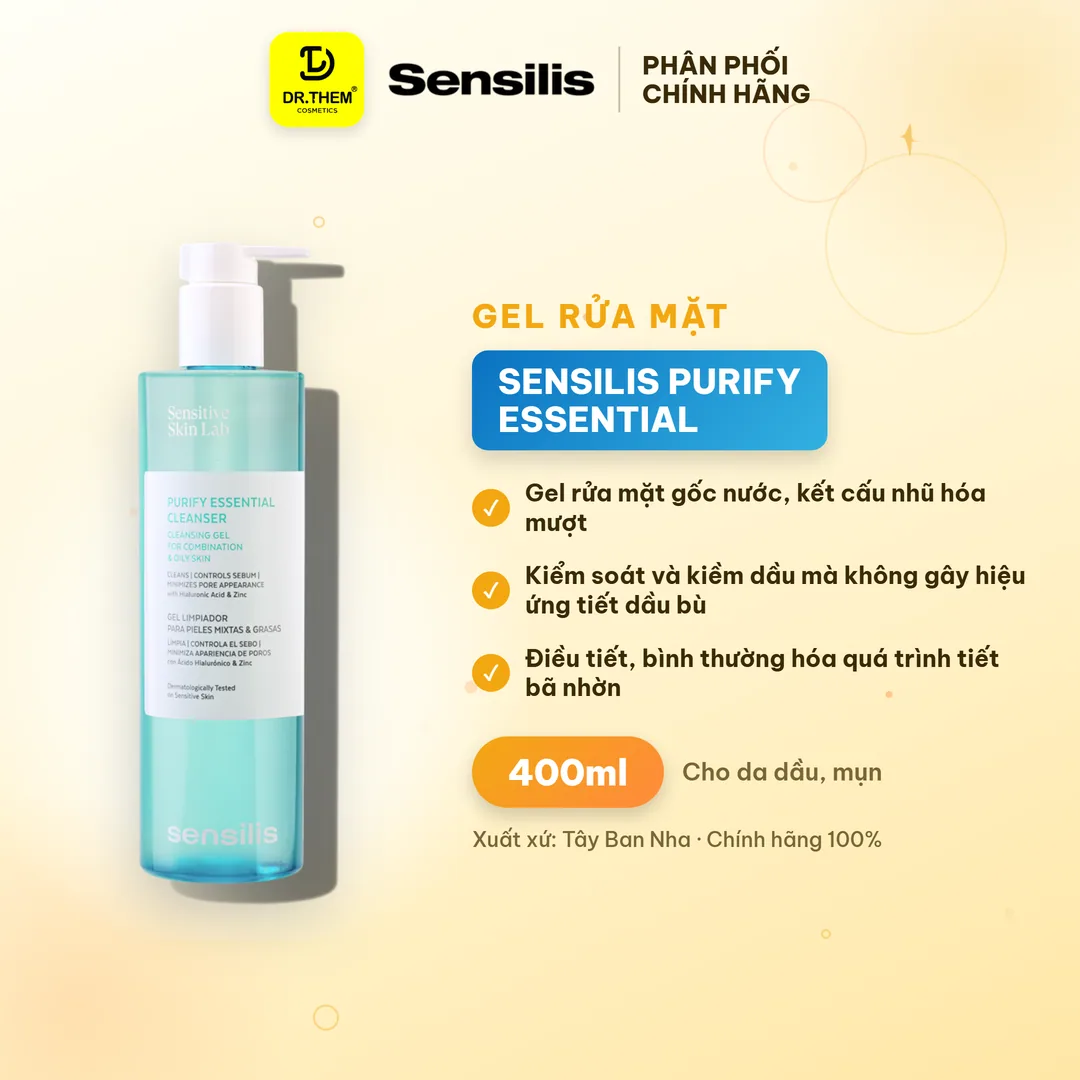 Gel Rửa Mặt Sensilis Purify Essential Cleanser Làm Sạch Sâu Kiểm Soát Nhờn Cho Da Dầu Mụn 400ml