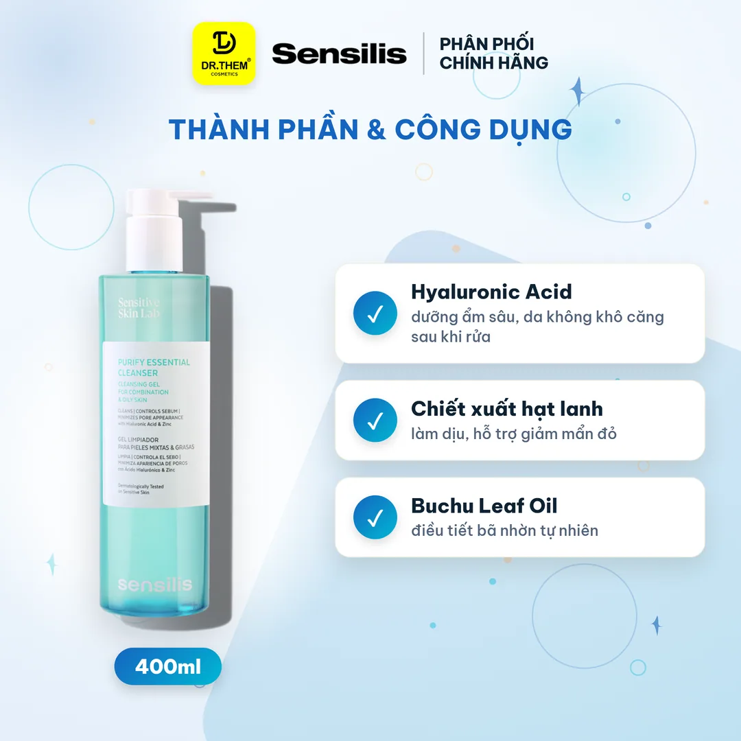 Gel Rửa Mặt Sensilis Purify Essential Cleanser Làm Sạch Sâu Kiểm Soát Nhờn Cho Da Dầu Mụn 400ml 2