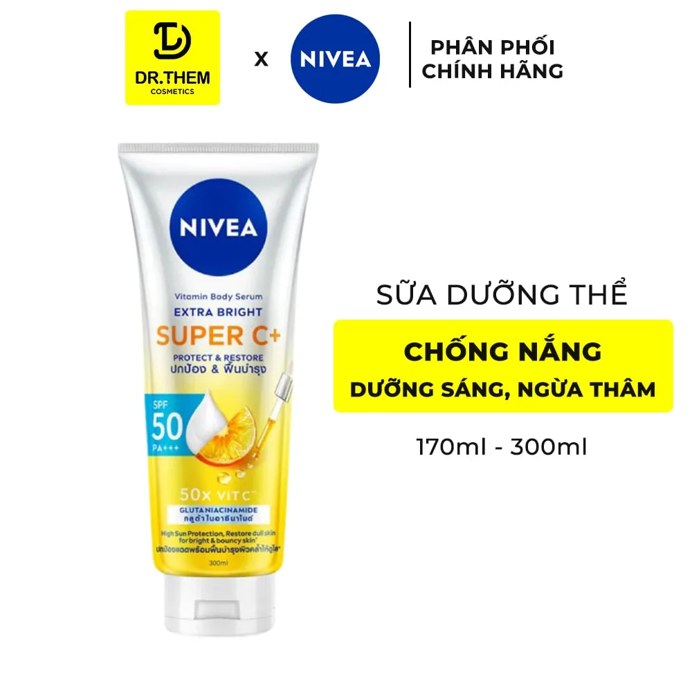 Sữa Dưỡng Thể Chống Nắng Nivea Vitamin Super C+ SPF50 PA+++ Dưỡng Sáng Ngừa Thâm Sạm Cho Toàn Thân 170ml/300ml