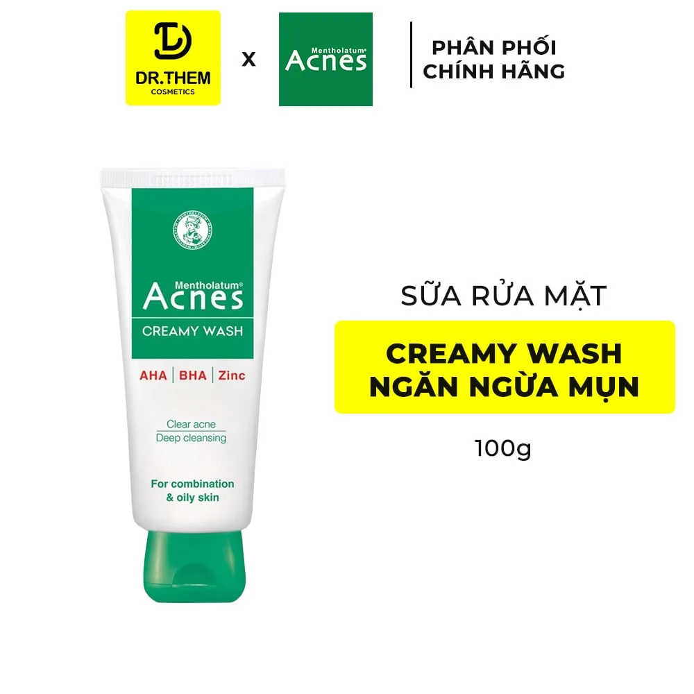 Sữa Rửa Mặt Acnes Creamy Wash AHA BHA Làm Sạch Sâu Lỗ Chân Lông Ngăn Ngừa Mụn Cho Da Dầu Mụn 50g/100g