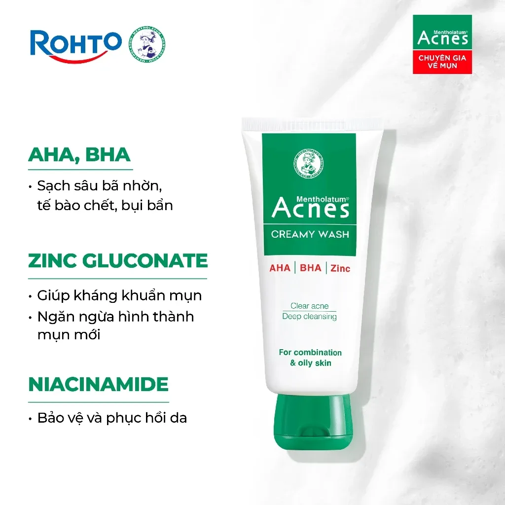 Sữa Rửa Mặt Acnes Creamy Wash AHA BHA Làm Sạch Sâu Lỗ Chân Lông Ngăn Ngừa Mụn Cho Da Dầu Mụn 50g/100g 5