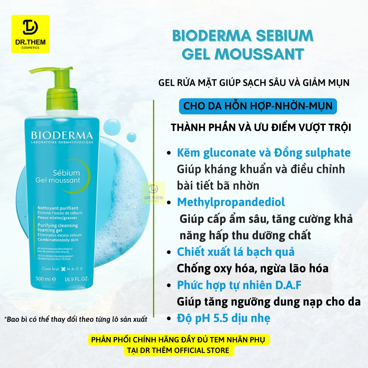 Sữa Rửa Mặt Bioderma Sebium Gel Moussant Tạo Bọt Làm Sạch Kiềm Dầu Cho Da Hỗn Hợp Da Dầu Mụn 45ml 200ml 500ml 6