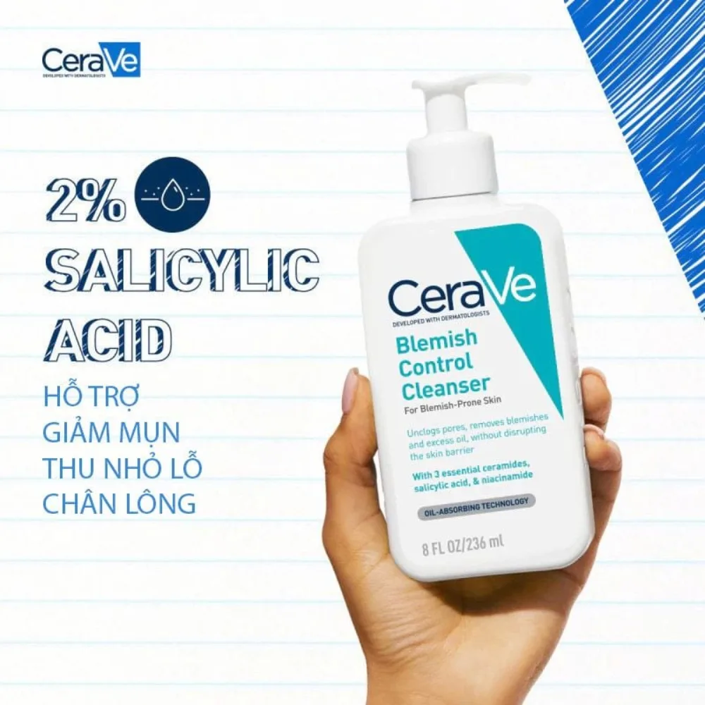Sữa Rửa Mặt CeraVe Blemish Control Cleanser 2% Salicylic Acid Làm Sạch Sâu Hỗ Trợ Giảm Mụn Cho Da Dầu Mụn 88ml/236ml/473ml 4