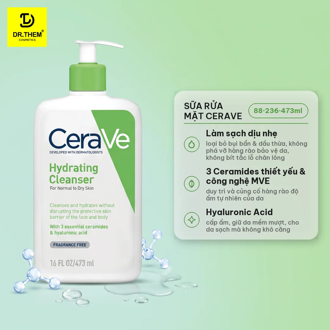 Sữa Rửa Mặt CeraVe Hydrating Cleanser Làm Sạch Dịu Nhẹ Cấp Ẩm Cho Da Thường Đến Da Khô 88ml/236ml/473ml 2