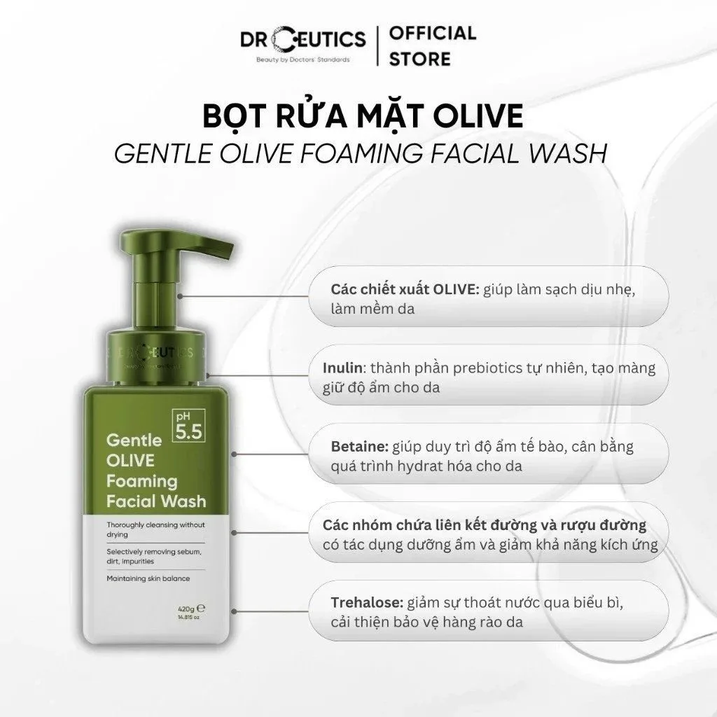 Sữa Rửa Mặt Drceutics Gentle Olive Cleansing Foam Làm Sạch Sâu Dịu Nhẹ Cân Bằng Ẩm Cho Mọi Loại Da 4