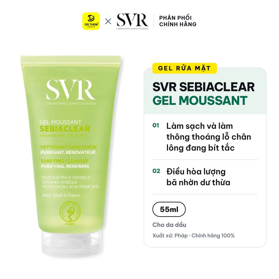 Gel Rửa Mặt SVR Sebiaclear Gel Moussant Không Xà Phòng Hỗ Trợ Giảm Mụn Kiềm Dầu Cho Da Dầu 55ml