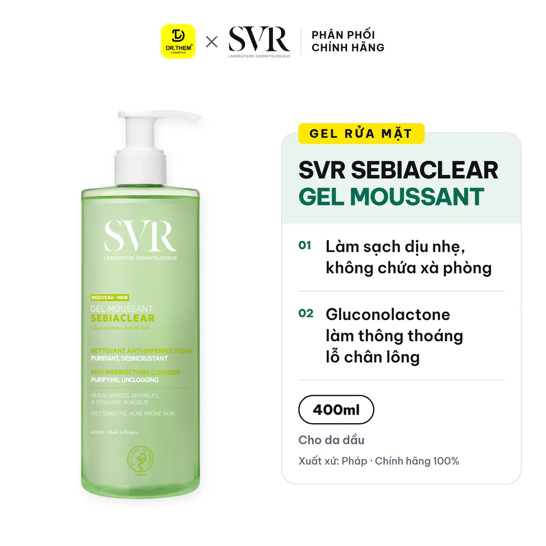 Gel Rửa Mặt SVR Sebiaclear Gel Moussant Không Chứa Xà Phòng Cho Da Dầu 400ml dạng chai