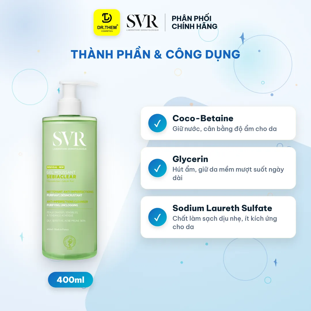 Gel Rửa Mặt SVR Sebiaclear Gel Moussant Không Chứa Xà Phòng Cho Da Dầu 400ml dạng chai 2