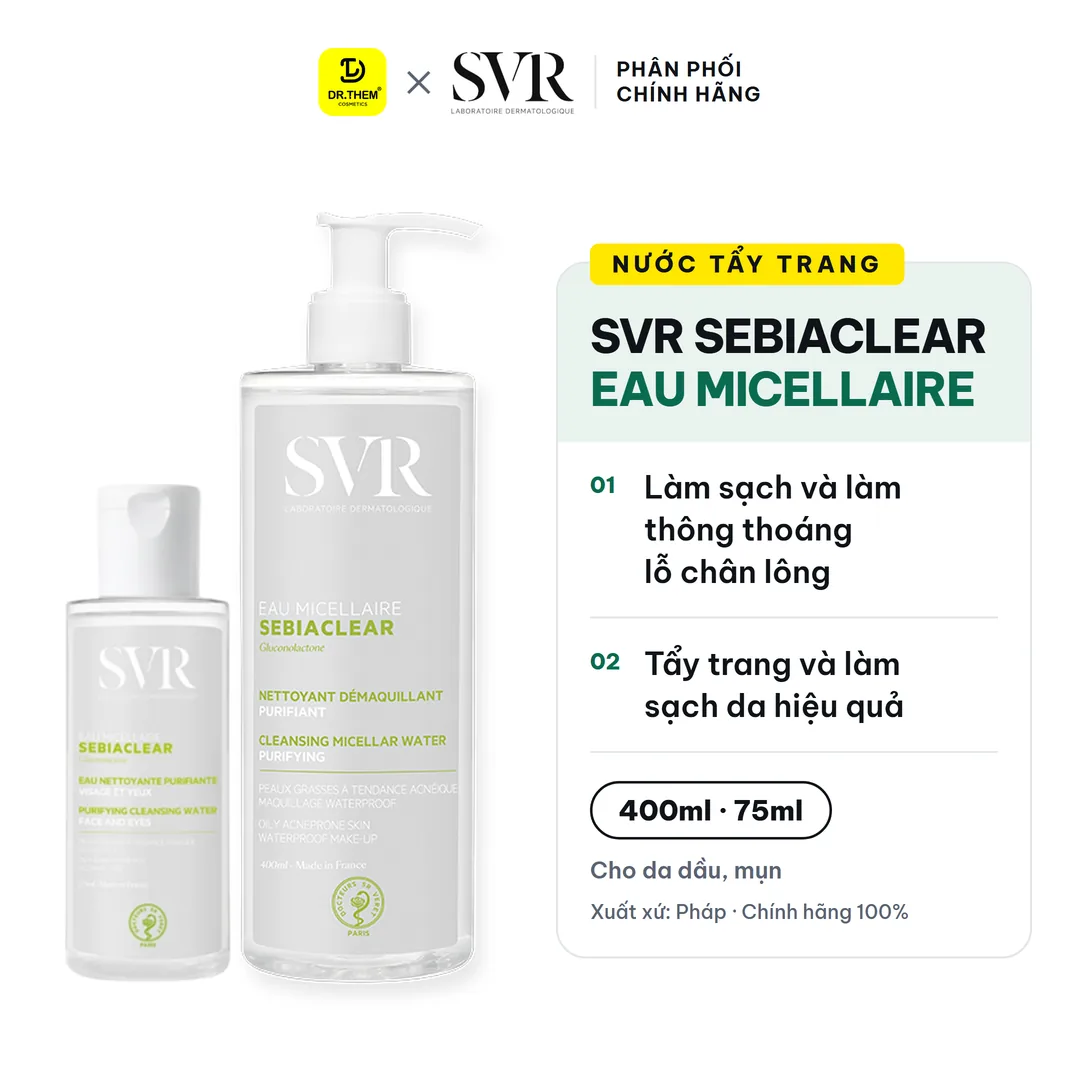 Nước Tẩy Trang SVR Sebiaclear Eau Micellaire Làm Sạch Kiềm Dầu Cho Da Hỗn Hợp Đến Da Dầu Mụn 75ml 400ml