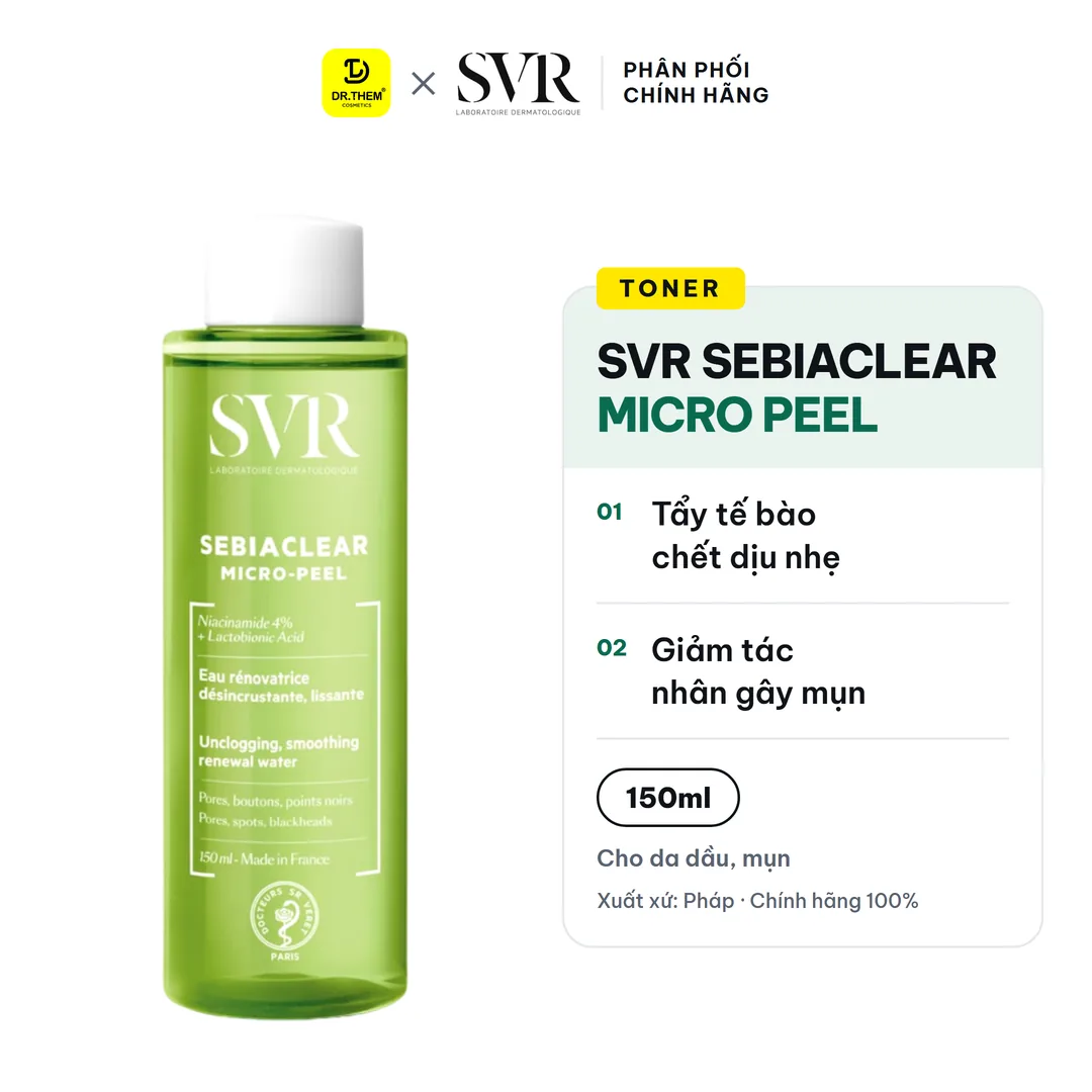 Toner SVR Sebiaclear Micro Peel Tẩy Da Chết Dịu Nhẹ Hỗ Trợ Giảm Mụn Kiềm Dầu Cho Da Dầu Mụn 150ml