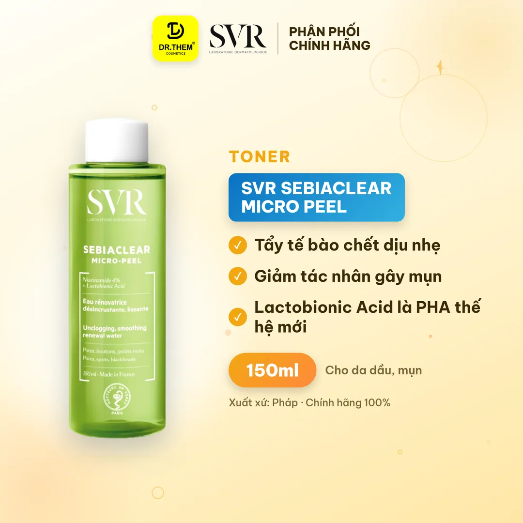 Toner SVR Sebiaclear Micro Peel Tẩy Da Chết Dịu Nhẹ Hỗ Trợ Giảm Mụn Kiềm Dầu Cho Da Dầu Mụn 150ml