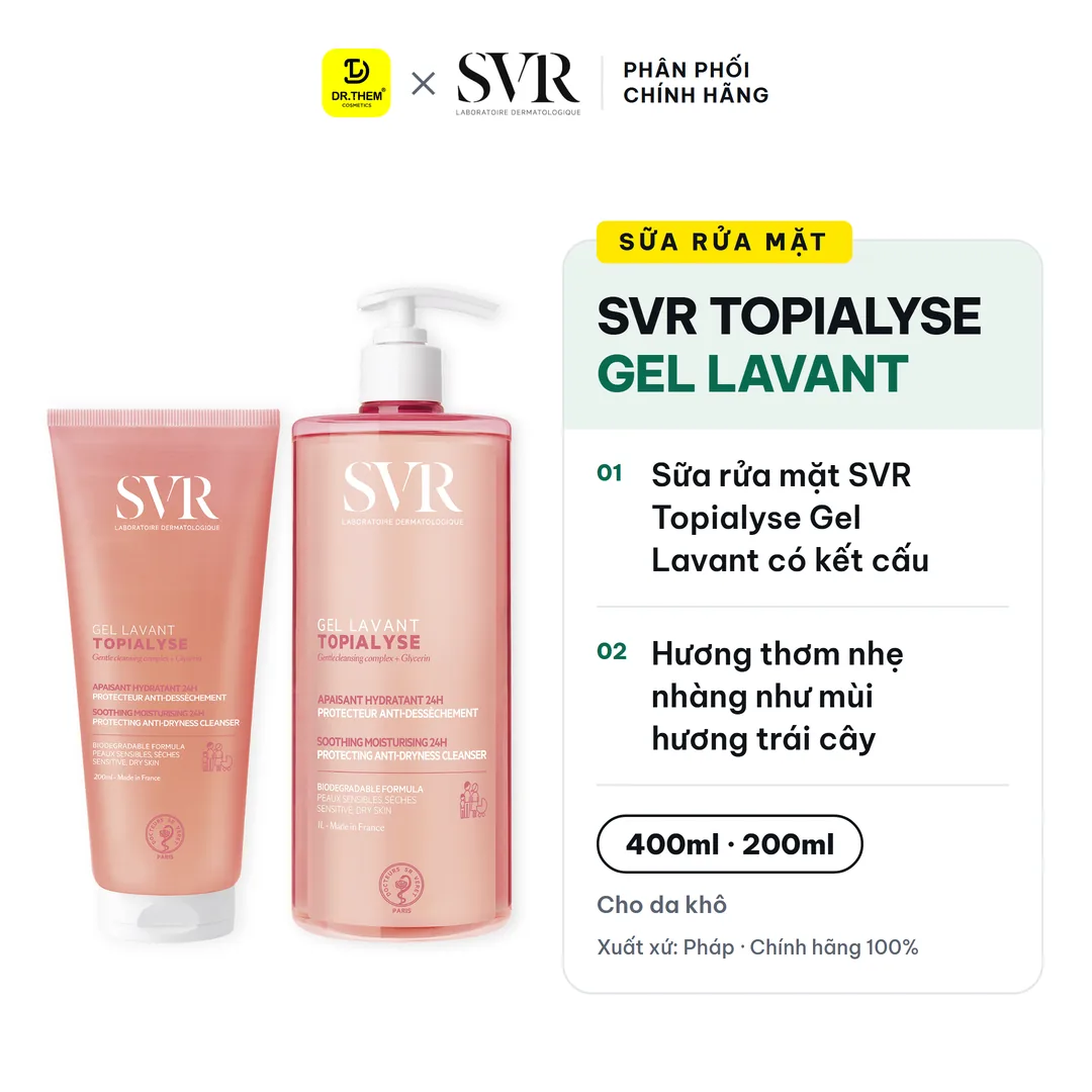 Gel Rửa Mặt SVR Topialyse Gel Lavant Không Xà Phòng Làm Sạch Dịu Nhẹ Cho Da Khô Nhạy Cảm 55ml 200ml 400ml