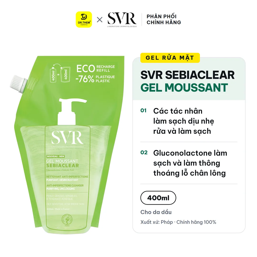 Gel Rửa Mặt SVR Sebiaclear Gel Moussant Không Chứa Xà Phòng Cho Da Dầu 400ml túi refill