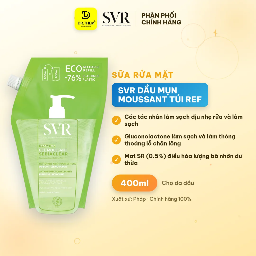 Gel Rửa Mặt SVR Sebiaclear Gel Moussant Không Chứa Xà Phòng Cho Da Dầu 400ml túi refill