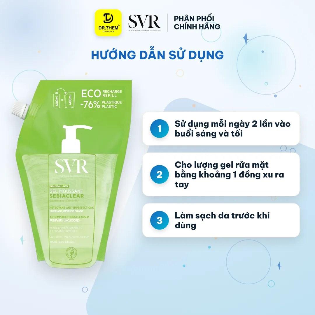 Gel Rửa Mặt SVR Sebiaclear Gel Moussant Không Chứa Xà Phòng Cho Da Dầu 400ml túi refill 3