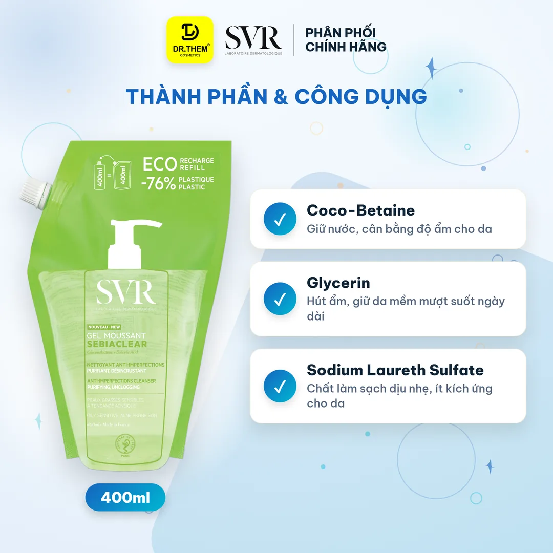 Gel Rửa Mặt SVR Sebiaclear Gel Moussant Không Chứa Xà Phòng Cho Da Dầu 400ml túi refill 2