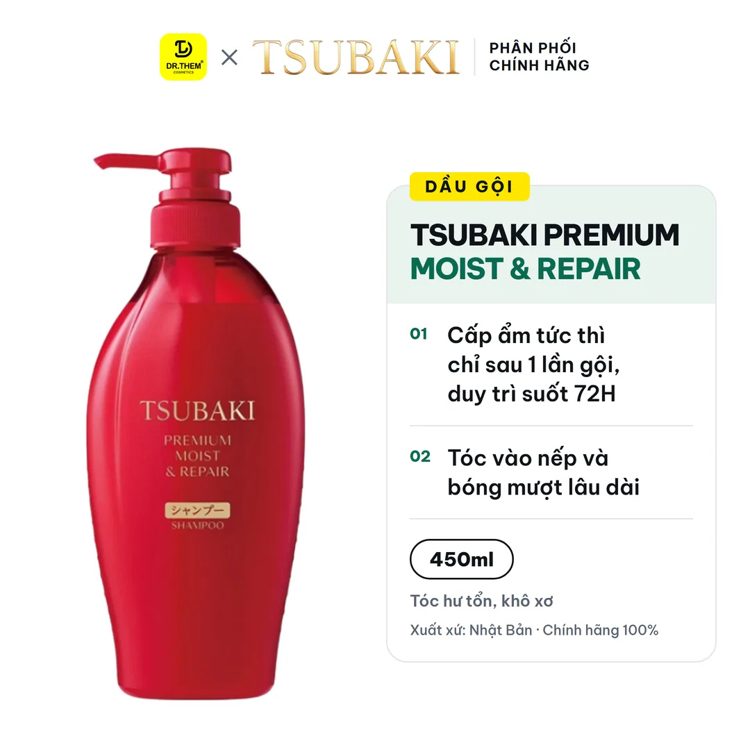 Dầu Gội Tsubaki Premium Moist & Repair Shampoo Phục Hồi Và Bóng Mượt Cho Tóc Hư Tổn Khô Xơ 450ml (Gội đỏ)