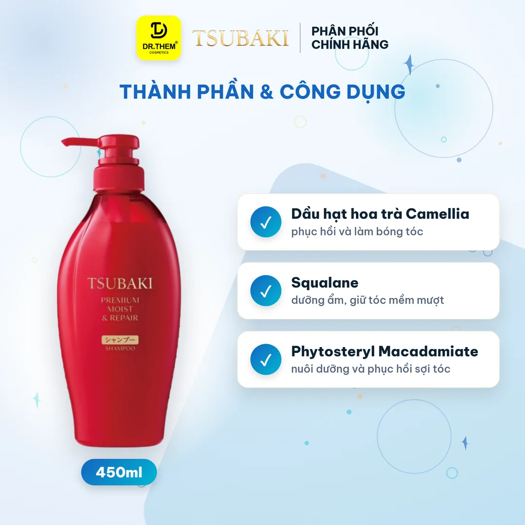 Dầu Gội Tsubaki Premium Moist & Repair Shampoo Phục Hồi Và Bóng Mượt Cho Tóc Hư Tổn Khô Xơ 450ml (Gội đỏ) 2