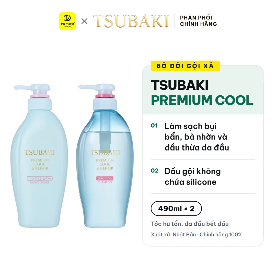 Bộ Đôi Gội Xả Tsubaki Premium Cool & Repair Phục Hồi Sạch Dầu Mát Lạnh 490ml x 2