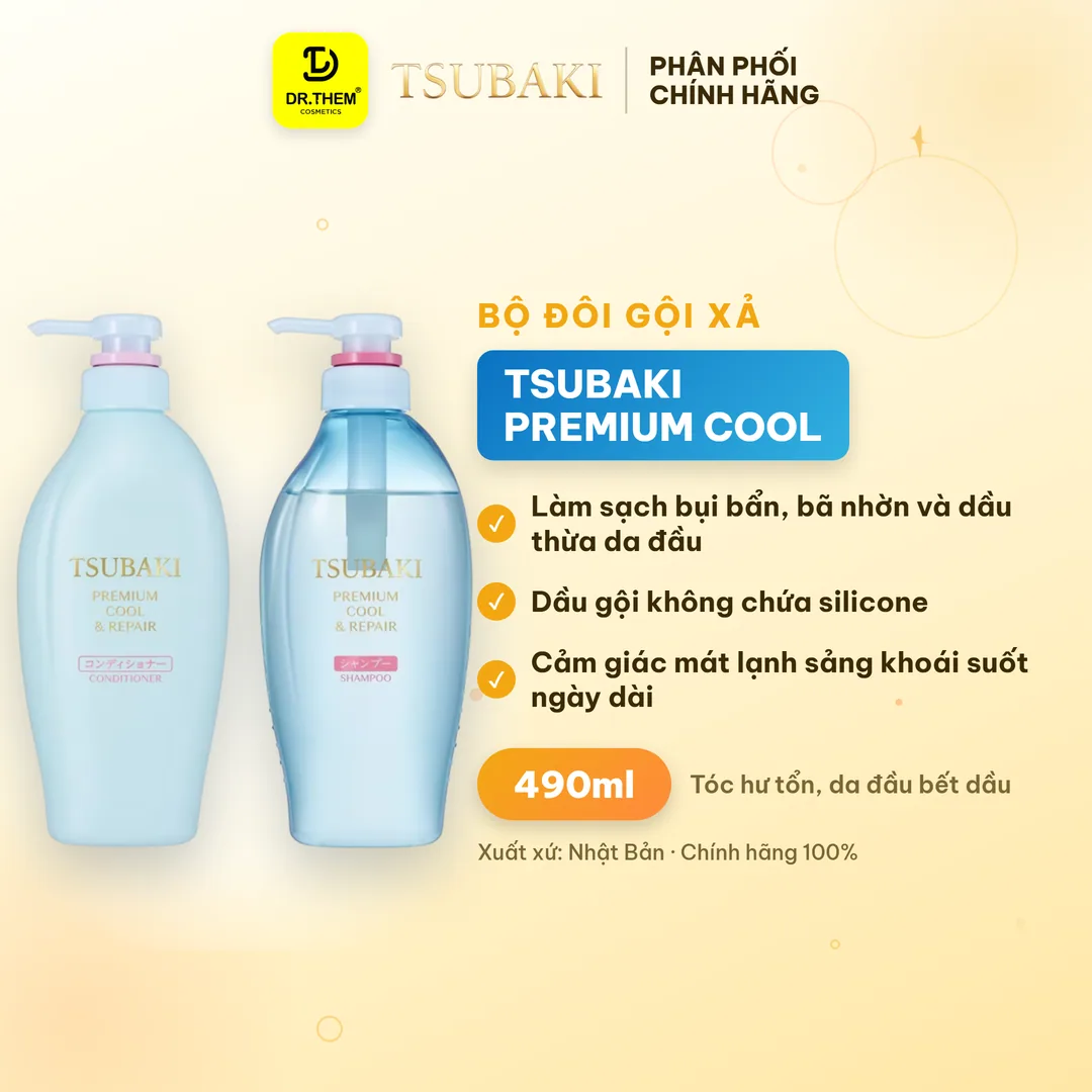 Bộ Đôi Gội Xả Tsubaki Premium Cool & Repair Phục Hồi Sạch Dầu Mát Lạnh 490ml x 2