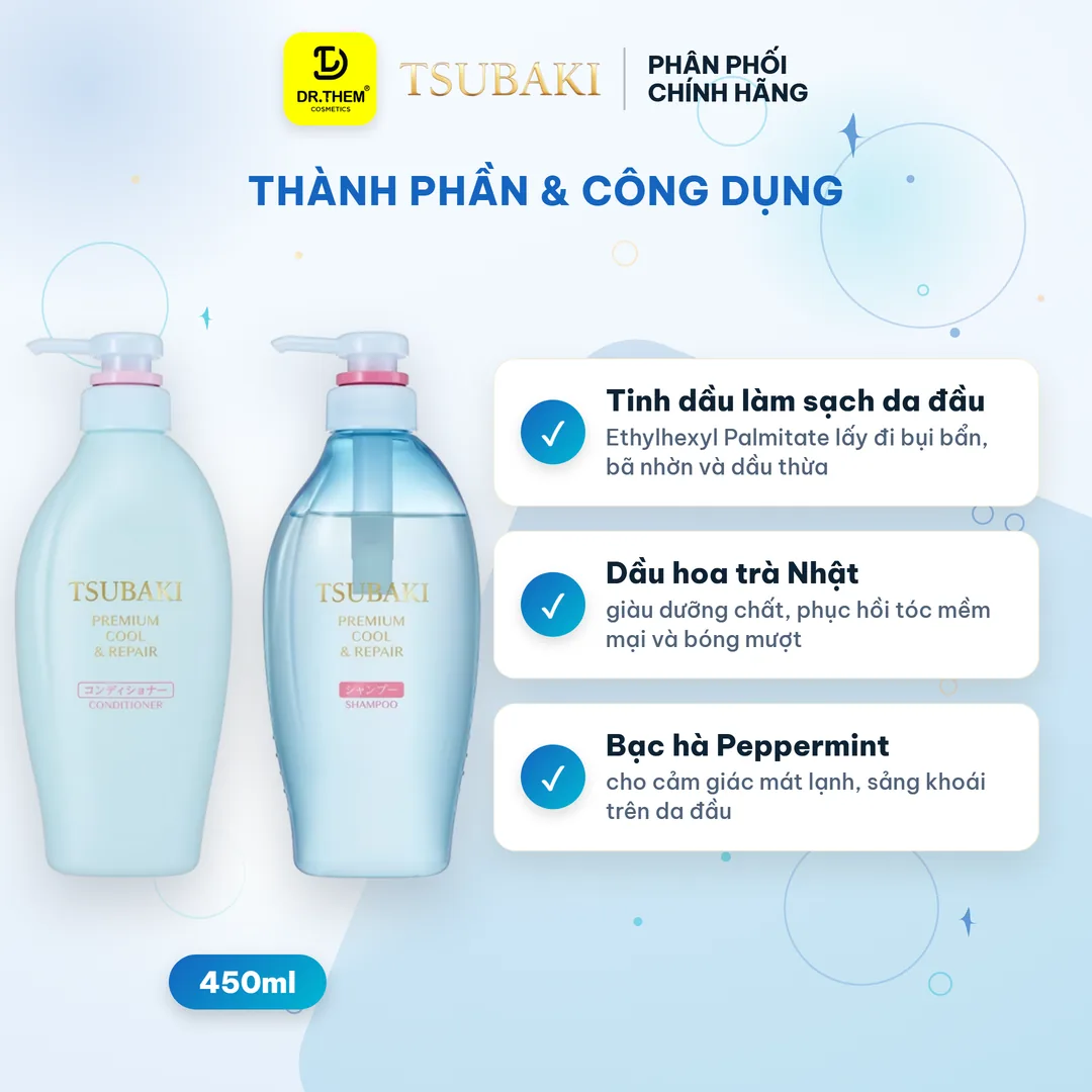 Bộ Đôi Gội Xả Tsubaki Premium Cool & Repair Phục Hồi Sạch Dầu Mát Lạnh 490ml x 2 2