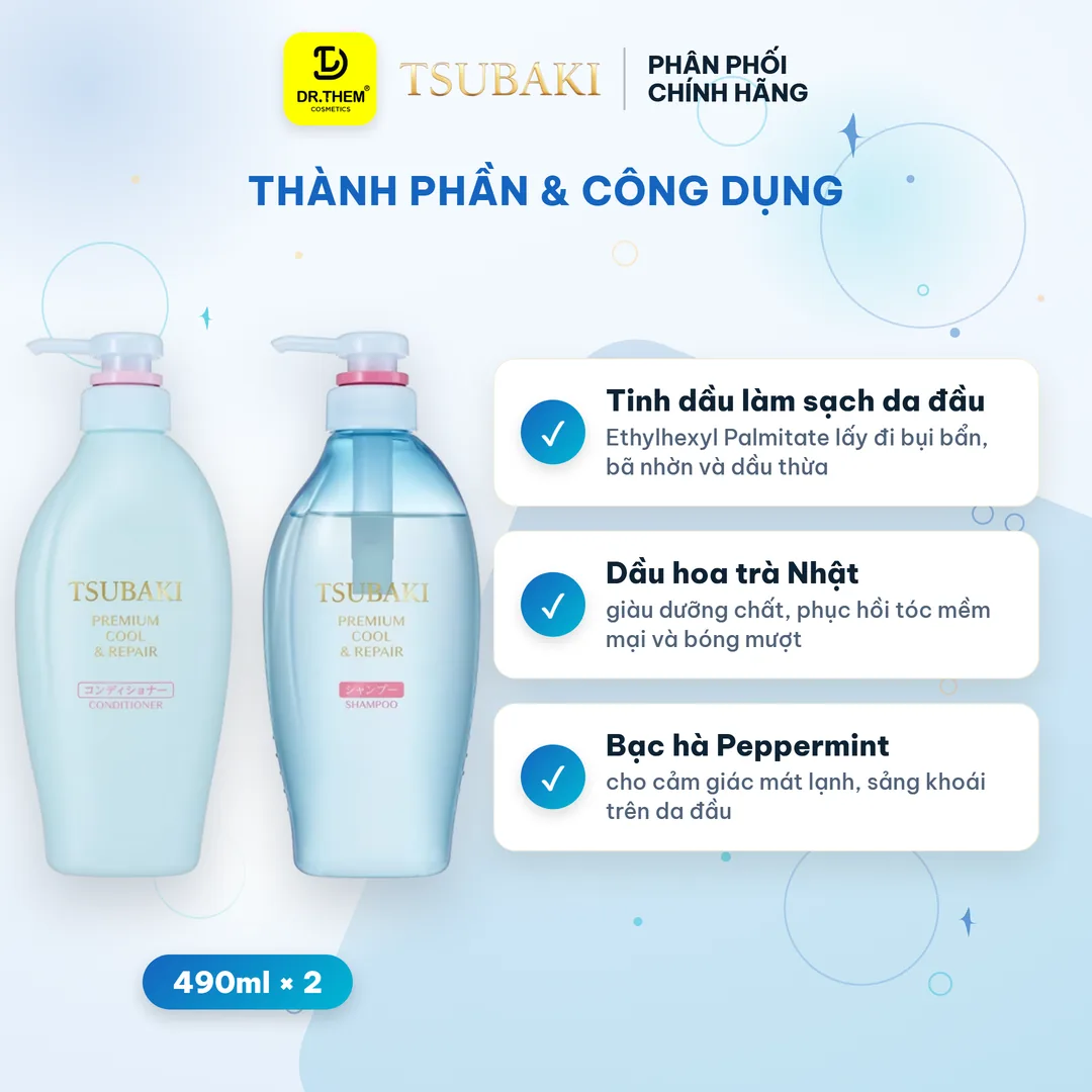 Bộ Đôi Gội Xả Tsubaki Premium Cool & Repair Phục Hồi Sạch Dầu Mát Lạnh 490ml x 2 2