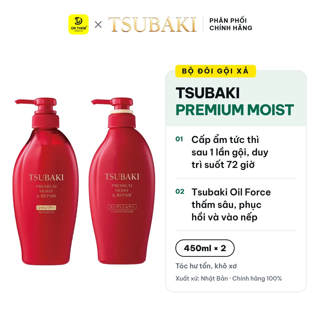 Bộ Đôi Gội Xả Tsubaki Premium Moist & Repair Phục Hồi Bóng Mượt 490ml x 2