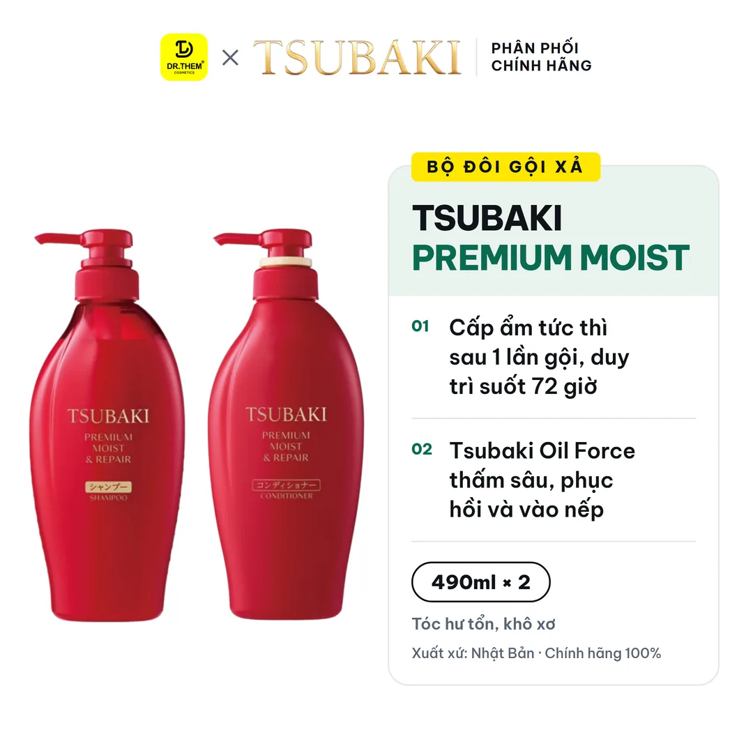 Bộ Đôi Gội Xả Tsubaki Premium Moist & Repair Phục Hồi Bóng Mượt 490ml x 2