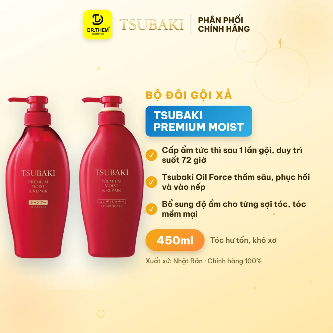 Bộ Đôi Gội Xả Tsubaki Premium Repair Phục Hồi Hư Tổn Chuyên Sâu Dưỡng Tóc Suôn Mượt Bóng Khỏe 490ml/Chai 2