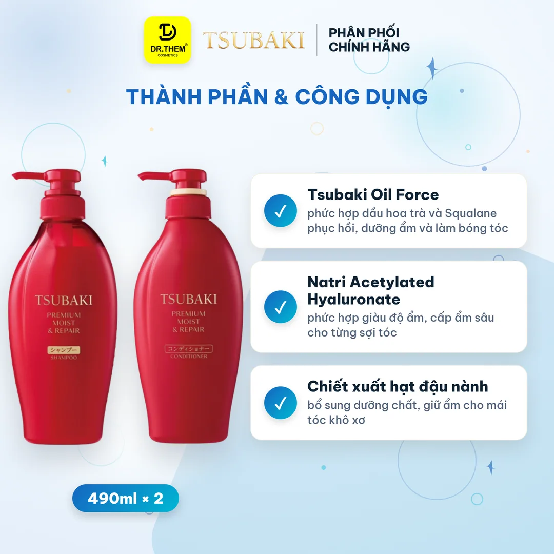 Bộ Đôi Gội Xả Tsubaki Premium Moist & Repair Phục Hồi Bóng Mượt 490ml x 2 2