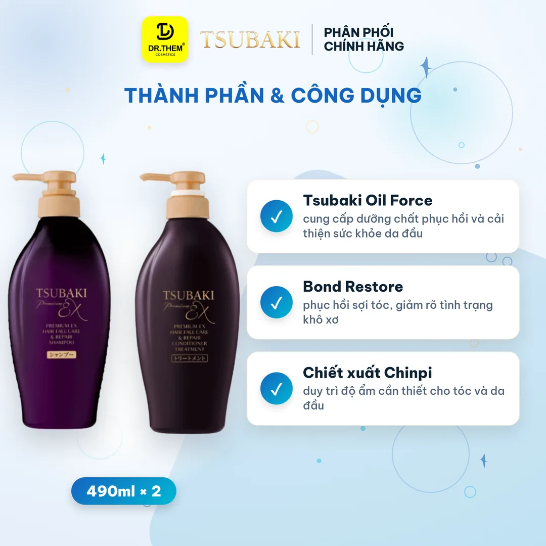 Bộ Đôi Gội Xả Tsubaki Premium EX Hair Fall Care & Repair Phục Hồi Ngăn Gãy Rụng 490ml x 2 2