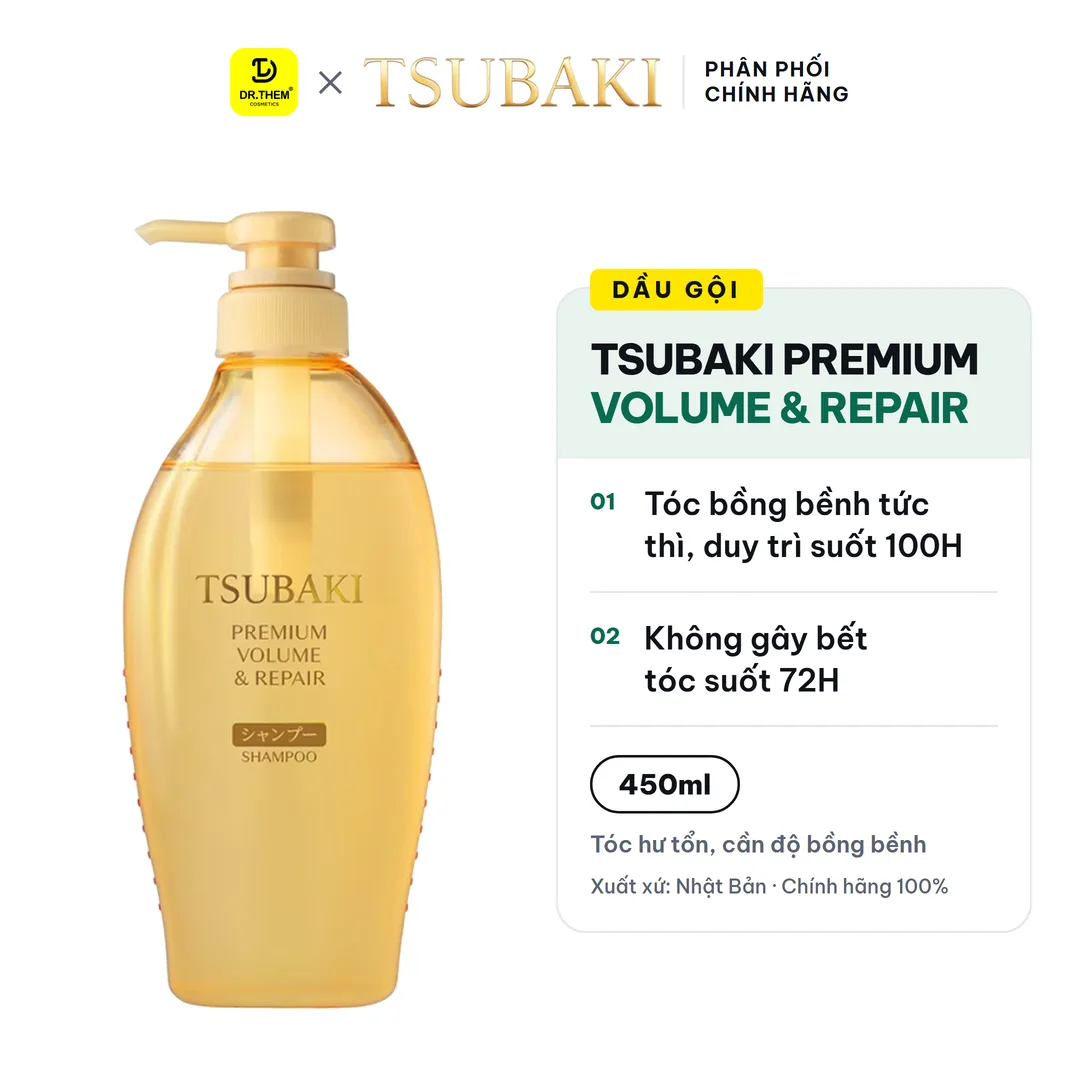 Dầu Gội Tsubaki Premium Volume & Repair Shampoo Phục Hồi Và Bồng Bềnh Cho Tóc Hư Tổn 450ml (Gội Vàng)