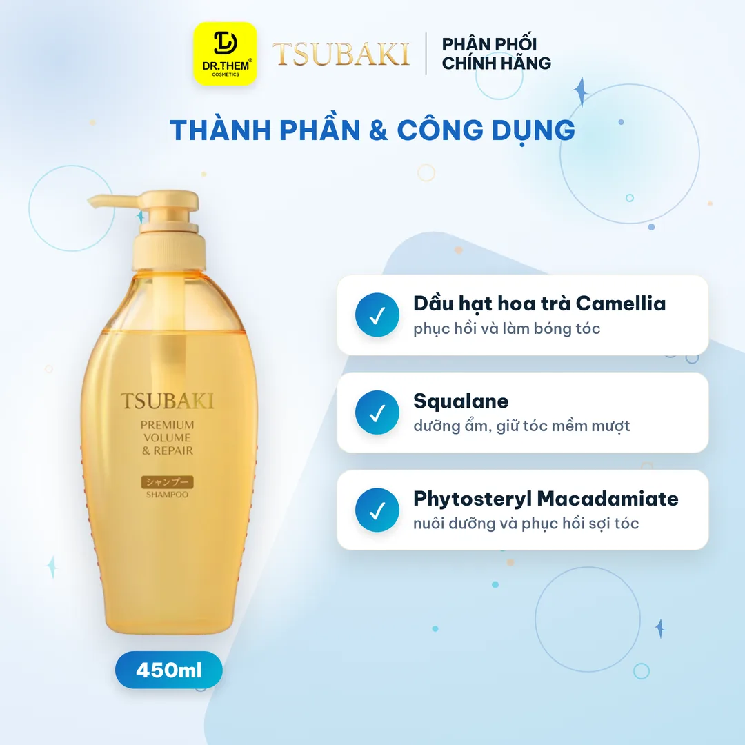 Dầu Gội Tsubaki Premium Volume & Repair Shampoo Phục Hồi Và Bồng Bềnh Cho Tóc Hư Tổn 450ml (Gội Vàng) 2